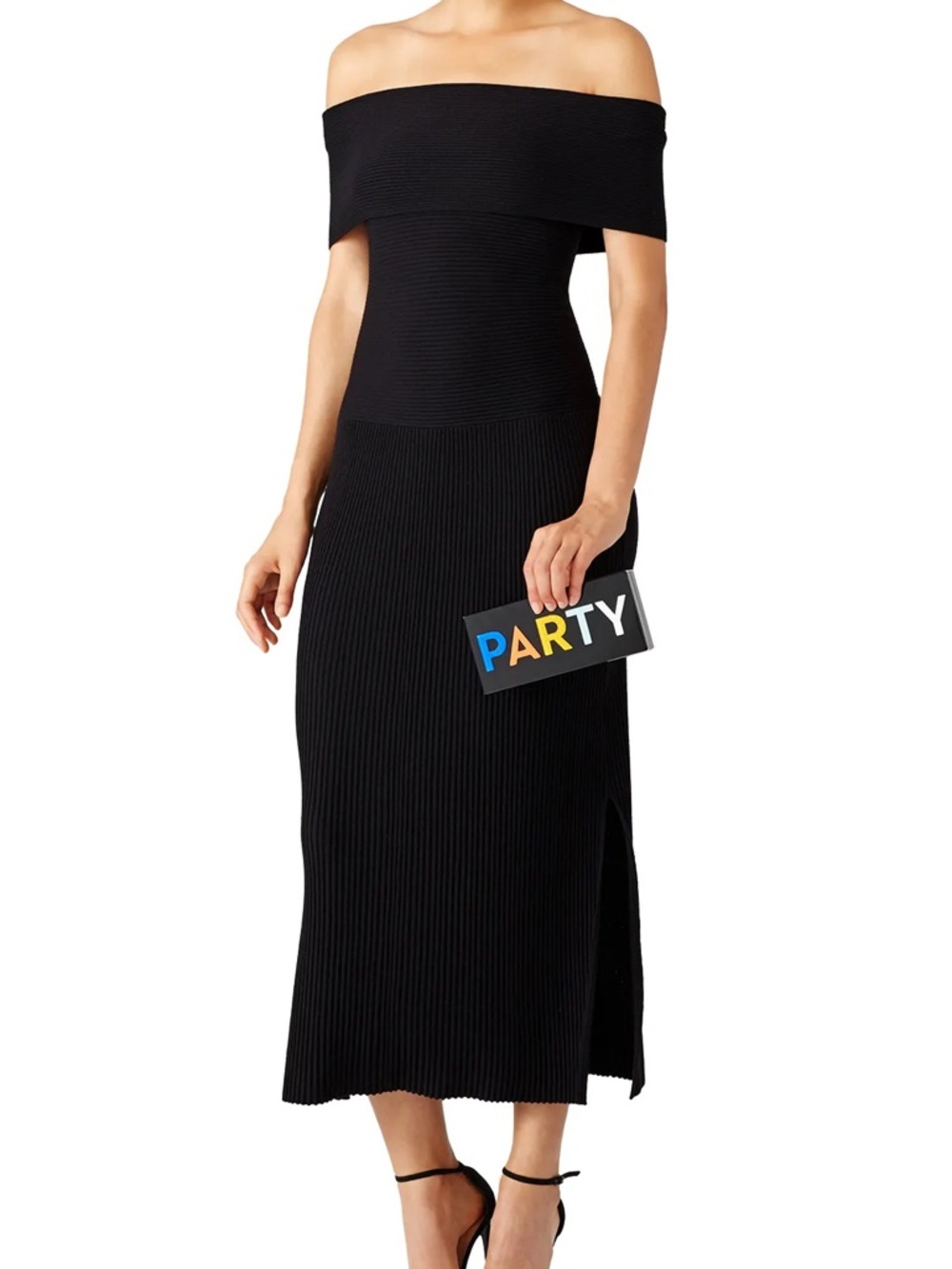Elizabeth and James Black Off‑Shoulder Ribbed Midi Skirt